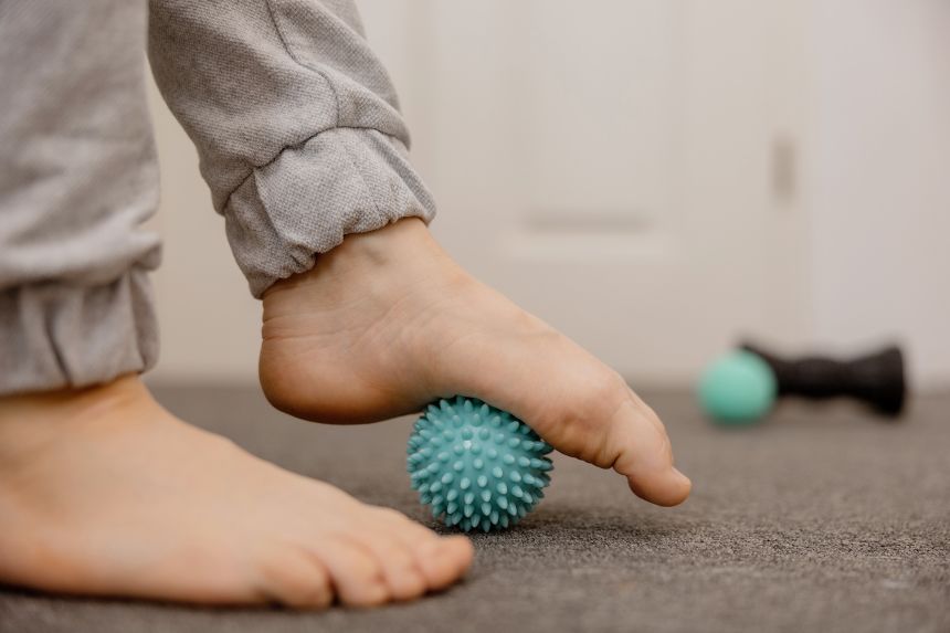 Stepping on a textured ball for two minutes daily is one foot recovery technique.