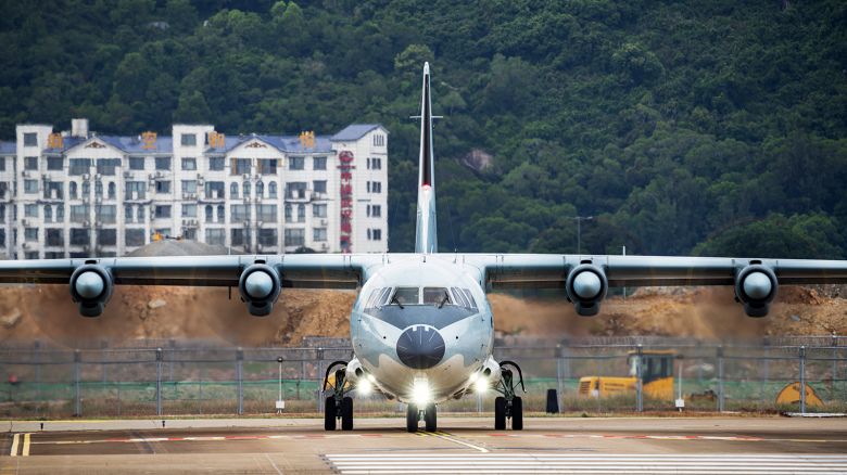 A Y-9 transport aircraft arrives at Zhuhai Air Show Center on November 3, 2022 in Zhuhai, Guangdong Province of China.