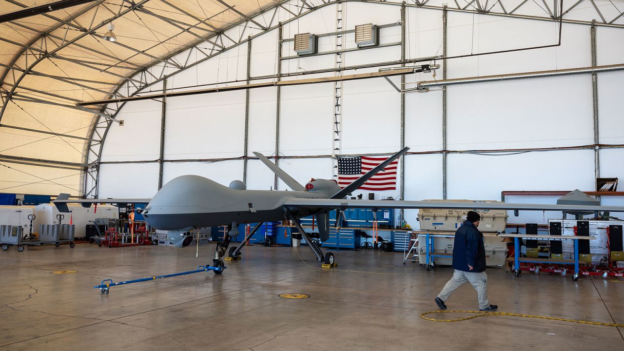 An example of a MQ-9 Reaper drone is seeno on  November 04, 2022 at Fort Huachuca, Arizona.