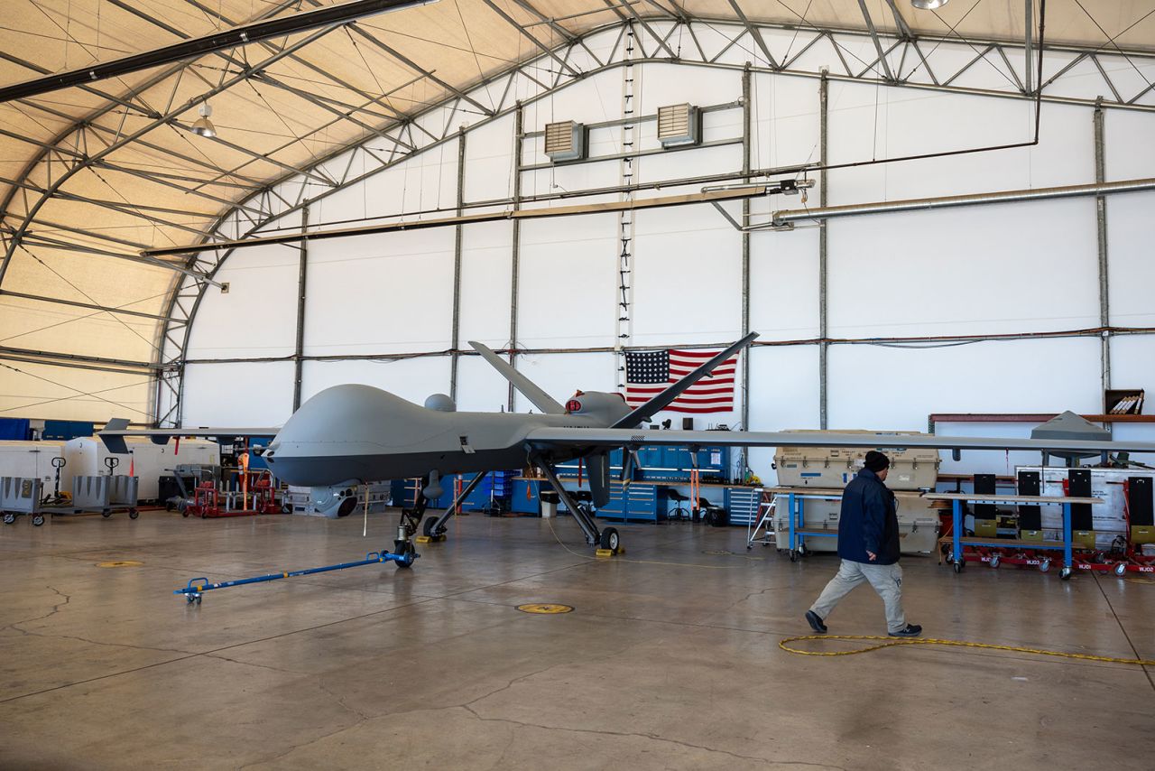 An example of a MQ-9 Reaper drone is seeno on  November 04, 2022 at Fort Huachuca, Arizona.