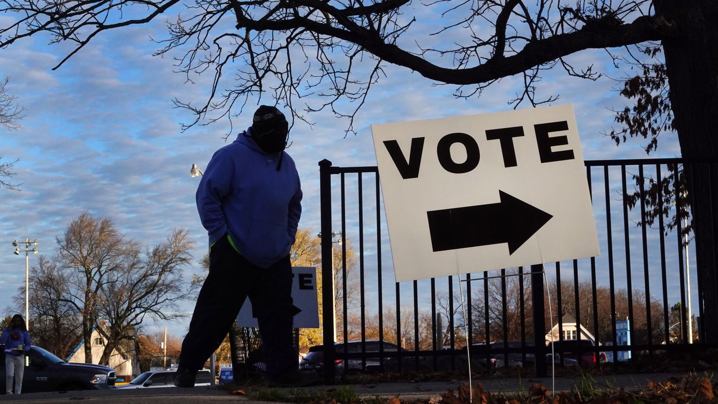 A sign directs voters at a polling place in Milwaukee on November 8, 2022.