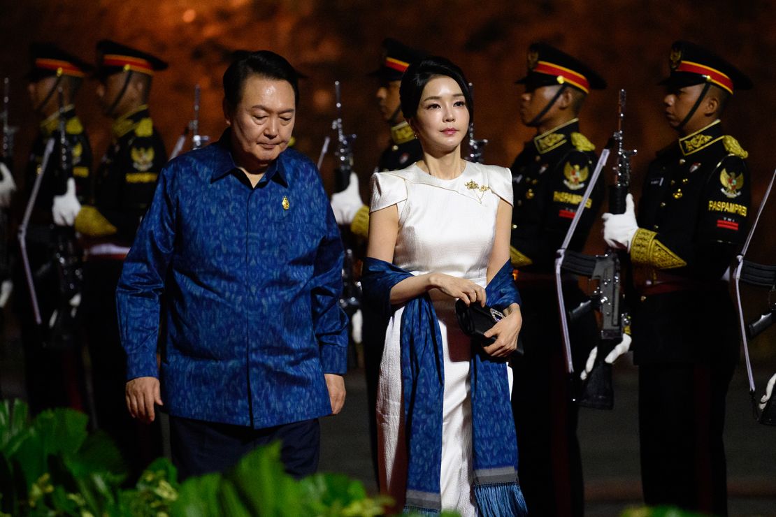 President Yoon Suk-yeol and First Lady Kim Keon Hee arrive for a formal dinner at the G20 Summit on November 15, 2022 in Bali, Indonesia.