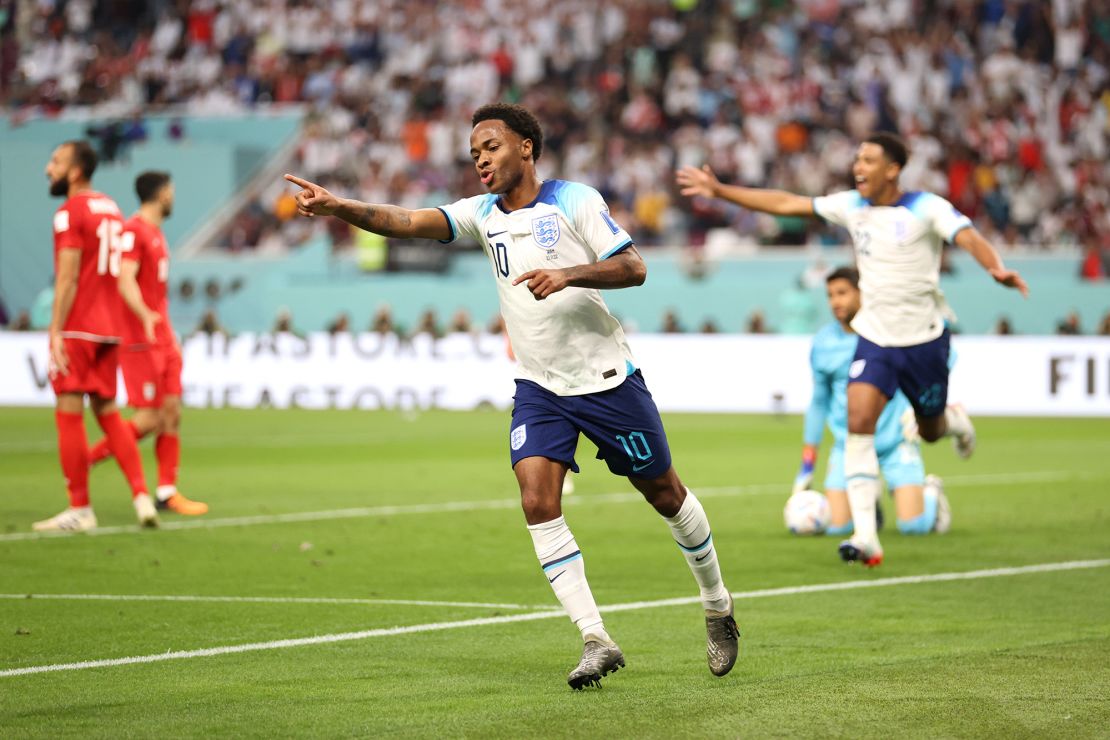 Raheem Sterling celebrates scoring for England against Iran at the 2022 FIFA World Cup.