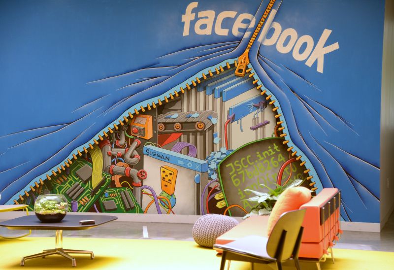 A mural decorates one of the many open work areas at Facebook headquarters in Menlo Park, California.