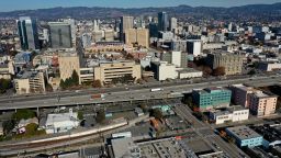 Downtown and Interstate 880 are seen from this drone view in Oakland, Calif., on Wednesday, Nov. 23, 2022.