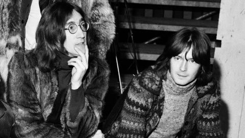 John Lennon, Eric Clapton at the photocall at The Rolling Stones Rock 'n' Roll Circus, Intertel TV Studios, Stonebridge Park, 10 December 1968.