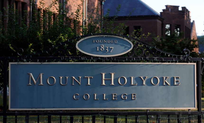 A sign on the Mount Holyoke College campus is seen in September 2015 in South Hadley, Massachusetts.