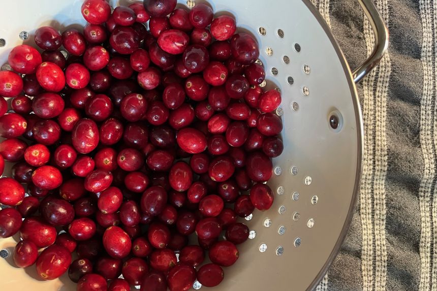 Bright, red cranberries in a colander