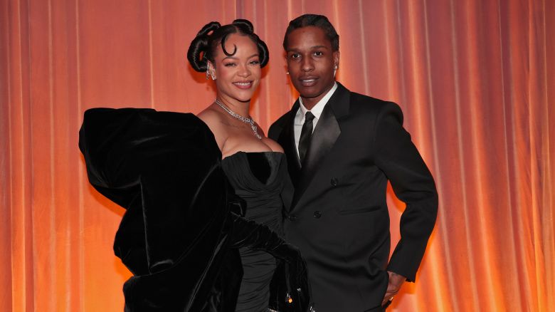 BEVERLY HILLS, CALIFORNIA - JANUARY 10: 80th Annual GOLDEN GLOBE AWARDS -- Pictured: (l-r) Rihanna and A$AP Rocky attend the 80th Annual Golden Globe Awards held at the Beverly Hilton Hotel on January 10, 2023 in Beverly Hills, California. -- (Photo by Christopher Polk/NBC via Getty Images)