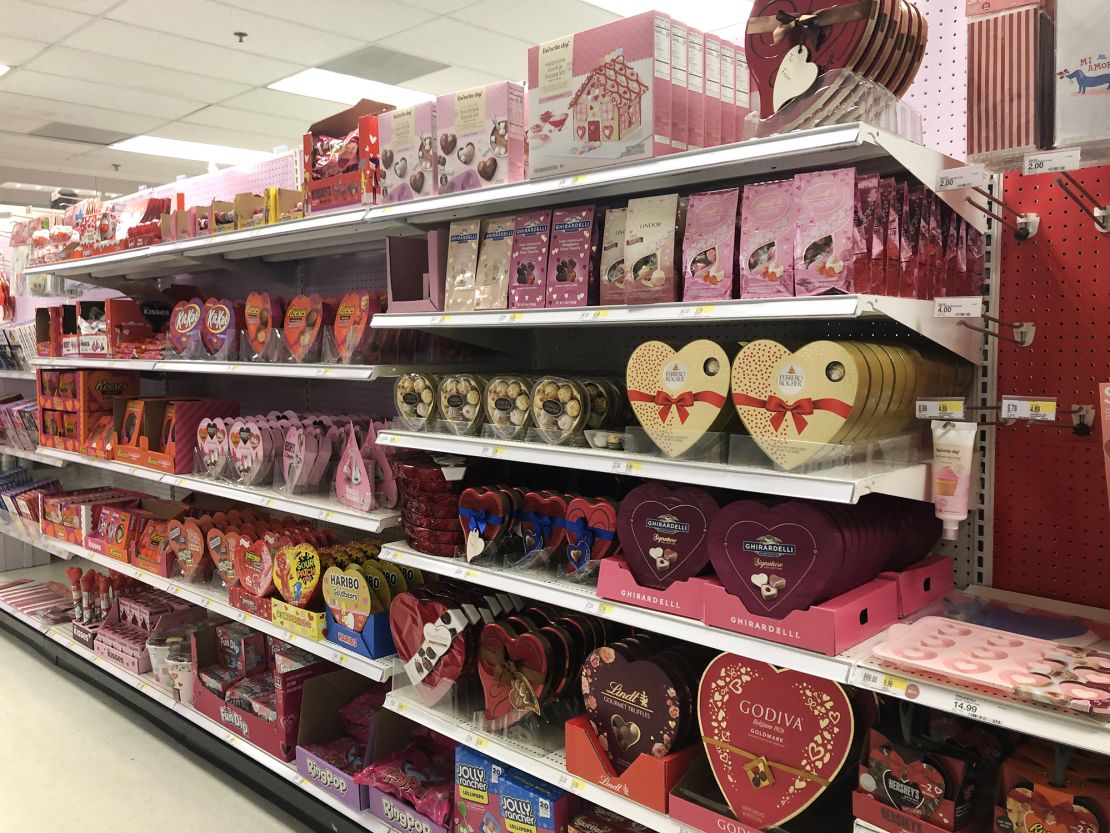Heart-shaped gift boxes of Chocolates in a Target store aisle in Queens, New York on January 05, 2023.