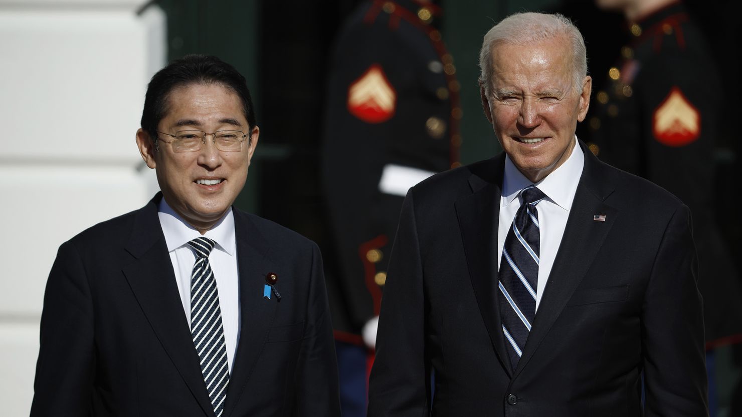 U.S. President Joe Biden poses for photographs with Japanese Prime Minister Kishida Fumio after his arrival at the White House on January 13, 2023 in Washington, DC.
