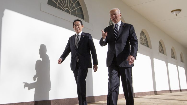 U.S. President Joe Biden (R) and Japanese Prime Minister Kishida Fumio walk to the Oval Office for a meeting at the White House on January 13, 2023 in Washington, DC. Fumio is meeting with Biden to reaffirm the U.S.-Japan strategic relationship in the Indo-Pacific as military tensions rise in the region.