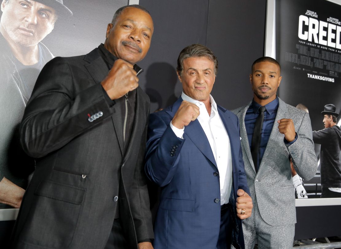 Carl Weathers, Sylvester Stallone and Michael B. Jordan at the 'Creed ' film premiere, Los Angeles, in November 2015.