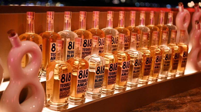 A general view of bottles during the launch of 818 Tequila in the UAE hosted by Kendall Jenner with an after party at Cloud22 during the Grand Reveal Weekend for Atlantis The Royal, Dubai's new ultra-luxury hotel on January 20, 2023 in Dubai, United Arab Emirates.