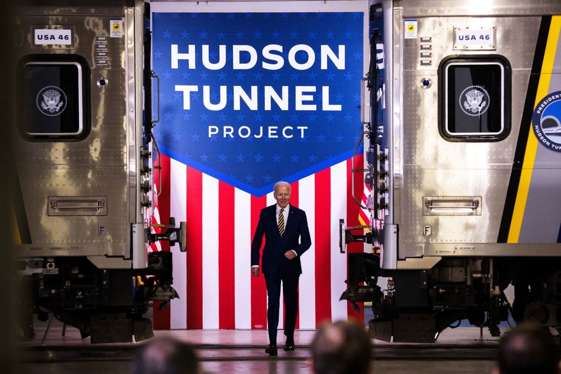 President Joe Biden arrives to give a speech on the Hudson River Tunnel Project at the West Side Yard on January 31, 2023, in New York City.