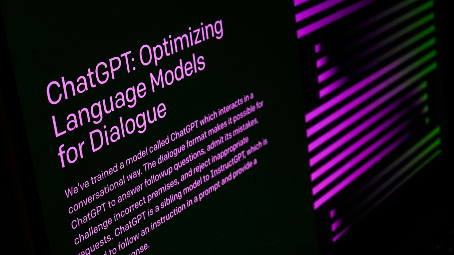In this photo illustration, the welcome screen for the OpenAI "ChatGPT" app is displayed on a laptop screen on February 03, 2023 in London, England.