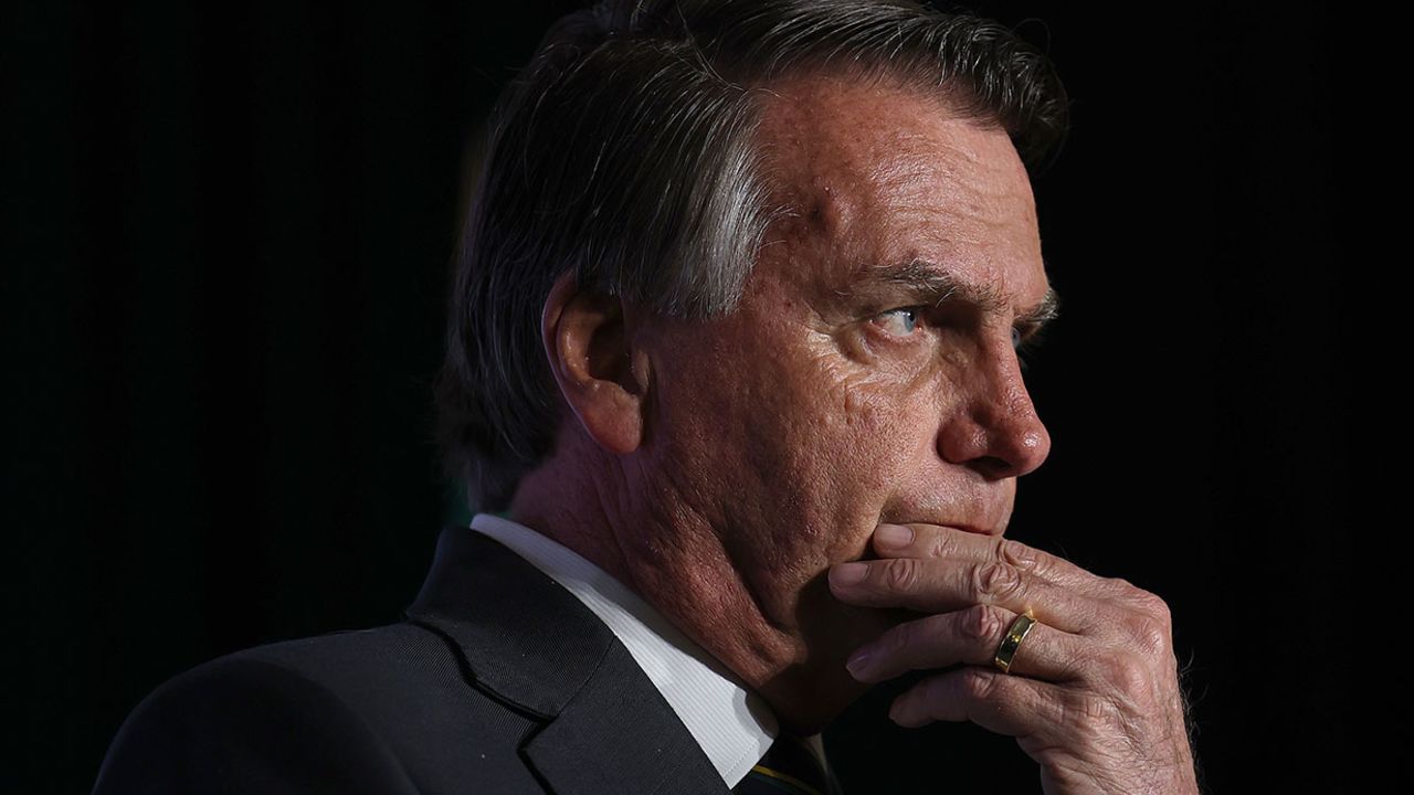 DORAL, FLORIDA - FEBRUARY 03: Far-right former Brazilian President Jair Bolsonaro speaks during the Turning Point USA event at the Trump National Doral Miami resort on February 03, 2023 in Doral, Florida. Bolsonaro has been staying in Orlando since leaving Brazil two days before the inauguration of President Luiz Inácio Lula da Silva. (Photo by Joe Raedle/Getty Images)