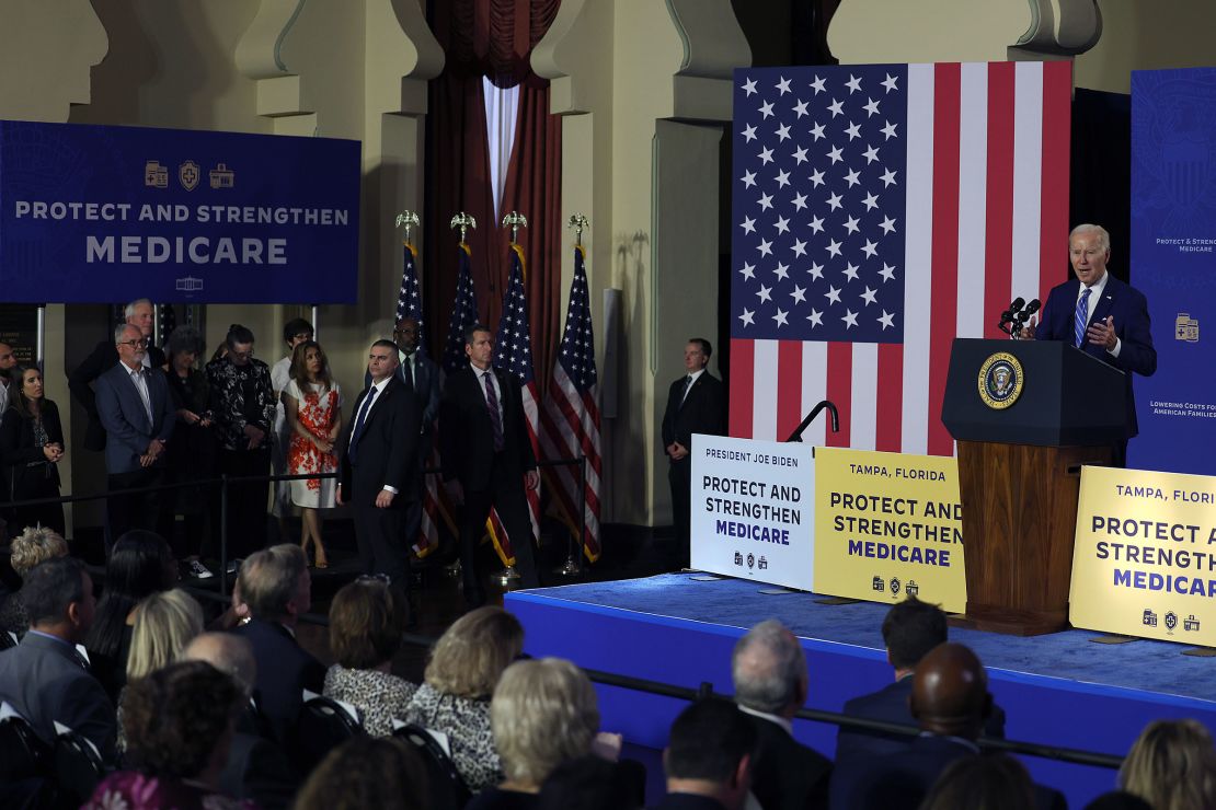 In this February 2023 photo, President Joe Biden speaks during an event to discuss Social Security and Medicare held at the University of Tampa in Florida. 