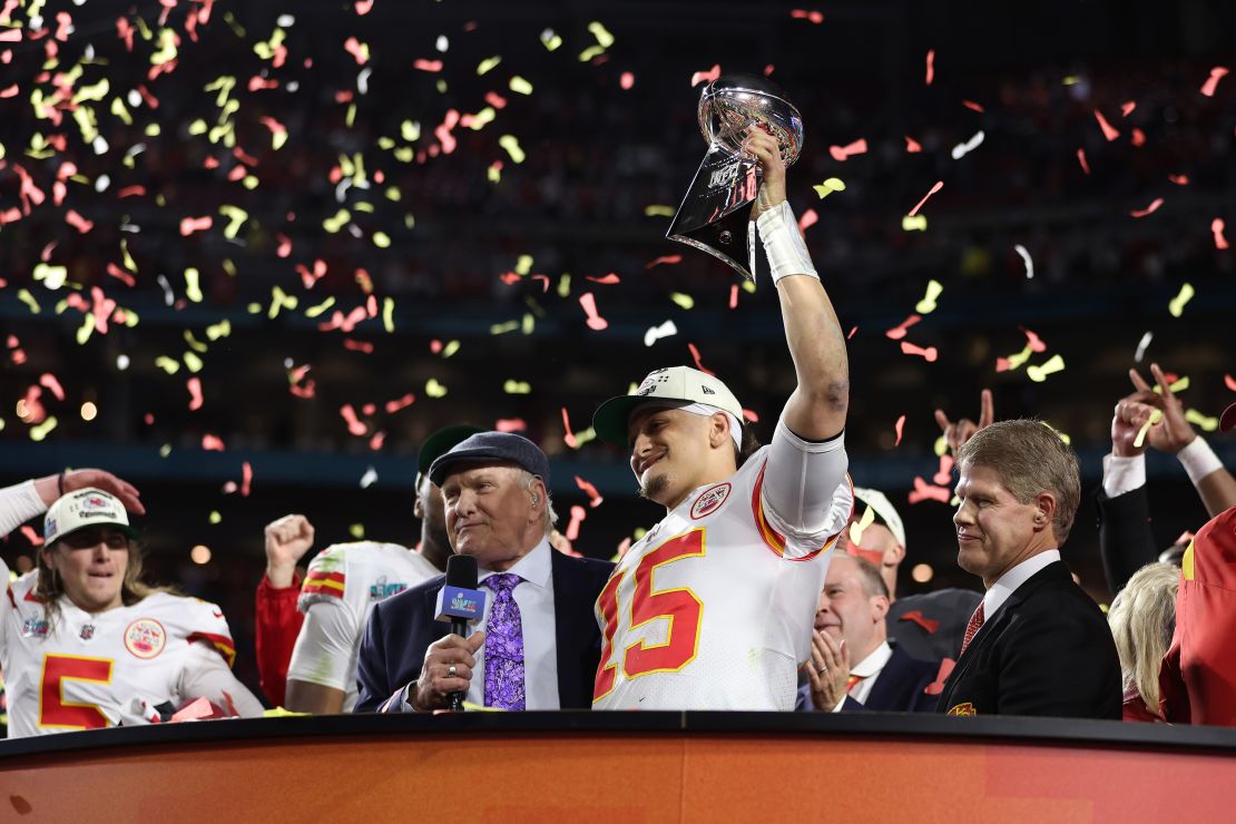 Mahomes hoists the Vince Lombardi Trophy after defeating the Philadelphia Eagles in Super Bowl LVII.