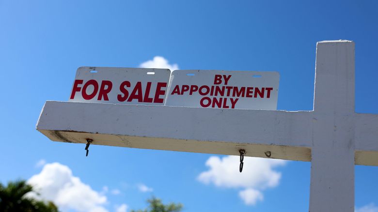 MIAMI, FLORIDA - FEBRUARY 22: A For Sale sign displayed in front of a home on February 22, 2023 in Miami, Florida. US home sales declined in January for the 12th consecutive month as high mortgage rates along with high prices kept people shopping for homes out of the market. It was the weakest home sales activity since 2010. (Photo by Joe Raedle/Getty Images)
