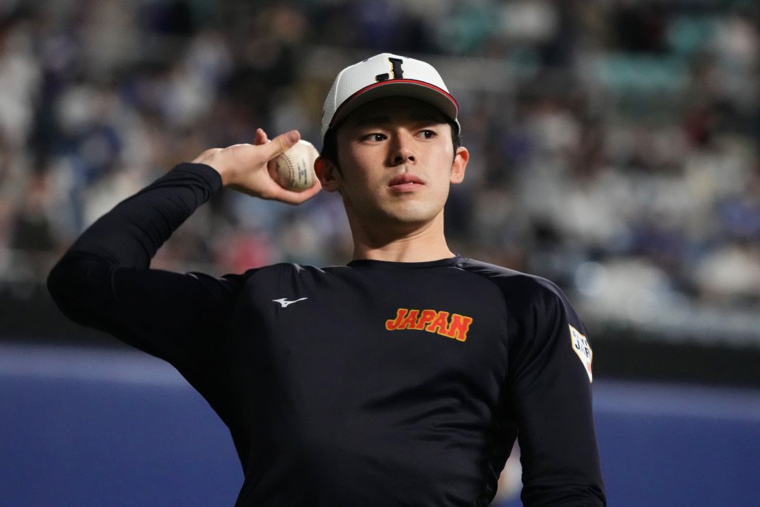 NAGOYA, JAPAN - MARCH 04: Pitcher Roki Sasaki #14 of Samurai Japan warms up prior to the practice game between Samura Japan and Chunichi Dragons at Vantelin Dome Nagoya on March 4, 2023 in Nagoya, Aichi, Japan. (Photo by Koji Watanabe - SAMURAI JAPAN/SAMURAI JAPAN via Getty Images)