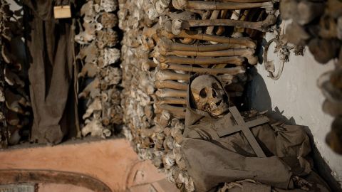 ROME, ITALY - JUNE 26:  The mummy of a Capuchin monk is seen in the crypt during the opening of the museum in the Capuchin convent of the Immaculate Conception of the Blessed Virgin Mary on June 26, 2012 in Rome, Italy. The monastery, which was first used by Capuchin monks and nuns in 1626, has become a destination for tourists from all over the world who visit an ossuary in the crypt which contains the skeletal remains of 3,700 monks.  (Photo by Giorgio Cosulich/Getty Images)