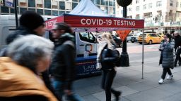 A Covid-19 testing tent sits along a Manhattan street on March 9, 2023 in New York City.