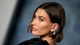 Hailey Bieber attends the Vanity Fair Oscar Party in Beverly Hills, California, on March 12, 2023.