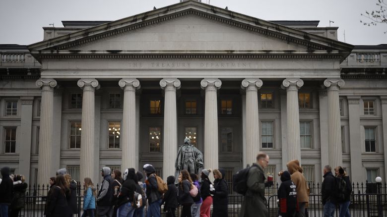 A statue of Alexander Hamilton is seen outside the U.S. Department of Treasury building as they joined other government financial institutions to bail out Silicon Valley Bank's account holders after it collapsed on March 13, 2023 in Washington, DC. U.S.