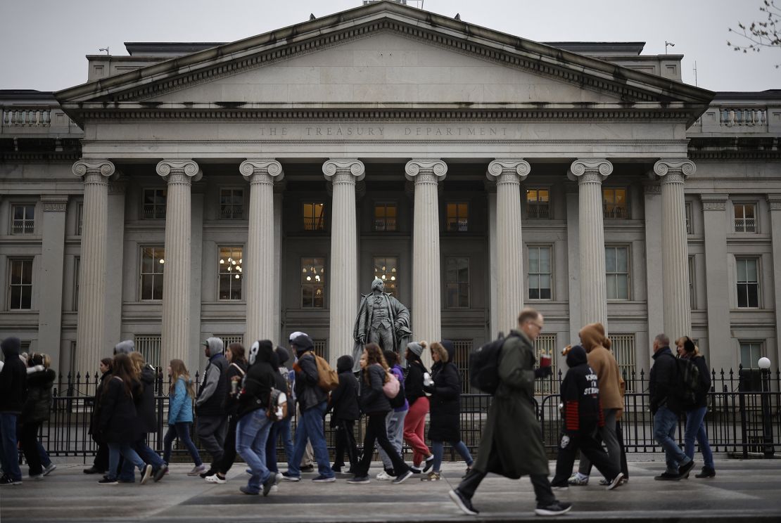 A statue of Alexander Hamilton is seen outside the U.S. Department of Treasury building on March 13, 2023 in Washington, DC.