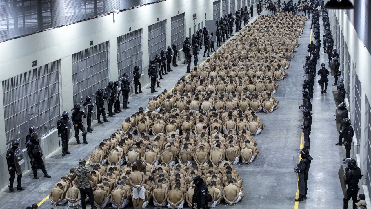 TECOLUCA, EL SALVADOR - MARCH 15: A second group of 2,000 detainees are moved to the mega-prison Terrorist Confinement Centre (CECOT)on March 15, 2023 in Tecoluca, El Salvador. Since president Bukele announced a state of exception in March 2022, over 62,000 suspected gang members have been arrested. Human Rights organizations denounce abuses and due process violations. El Salvador has one of highest crime rates in Latin America. A first group of detainees had been moved to the prison on February 26. (Photo by Handout/Presidencia El Salvador via Getty Images )