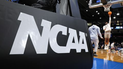 The NCAA logo is seen prior to a 2023 men's March Madness First Four game in Dayton, Ohio.