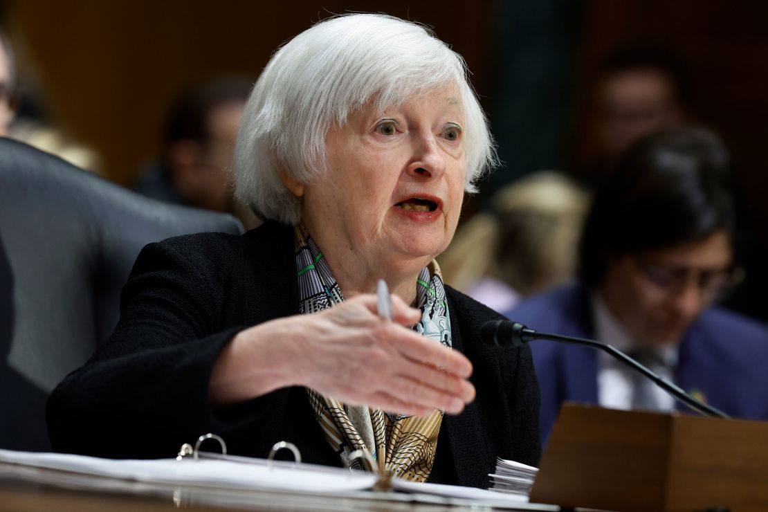 Treasury Secretary Janet Yellen testifies about the Biden Administration's federal budget proposal before the Senate Finance Committee on March 16, 2023 in Washington, DC.
