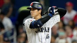 MIAMI, FLORIDA - MARCH 21: Shohei Ohtani #16 of Team Japan at bat in the first inning against Team USA during the World Baseball Classic Championship at loanDepot park on March 21, 2023 in Miami, Florida. (Photo by Eric Espada/Getty Images)