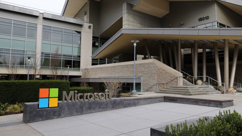 A Microsoft sign is seen at the company's headquarters on March 19, 2023 in Seattle, Washington.