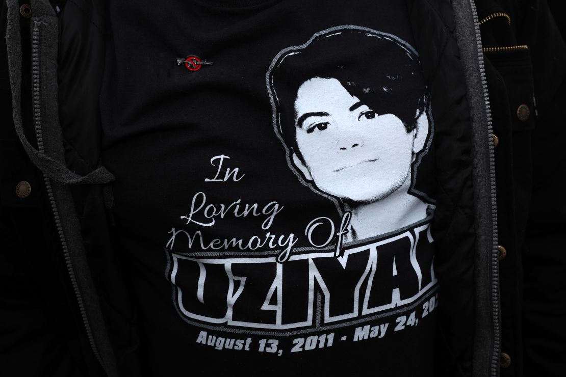 Brett Cross wears a t-shirt that features his son and Uvalde mass shooting victim Uziyah Garcia during a “Generation Lockdown” event on gun control at the National Mall in Washington, DC on March 24, 2023.