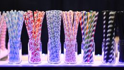 Paper straws on display at the 2023 Bar & Restaurant Expo and World Tea Expo at the Las Vegas Convention Center on March 29, 2023 in Las Vegas, Nevada.