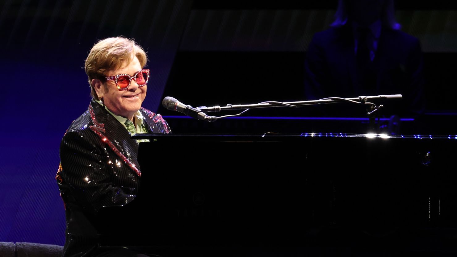 Sir Elton John Performs live on stage during his "Farewell Yellow Brick Road" Tour at The O2 Arena in 2023.