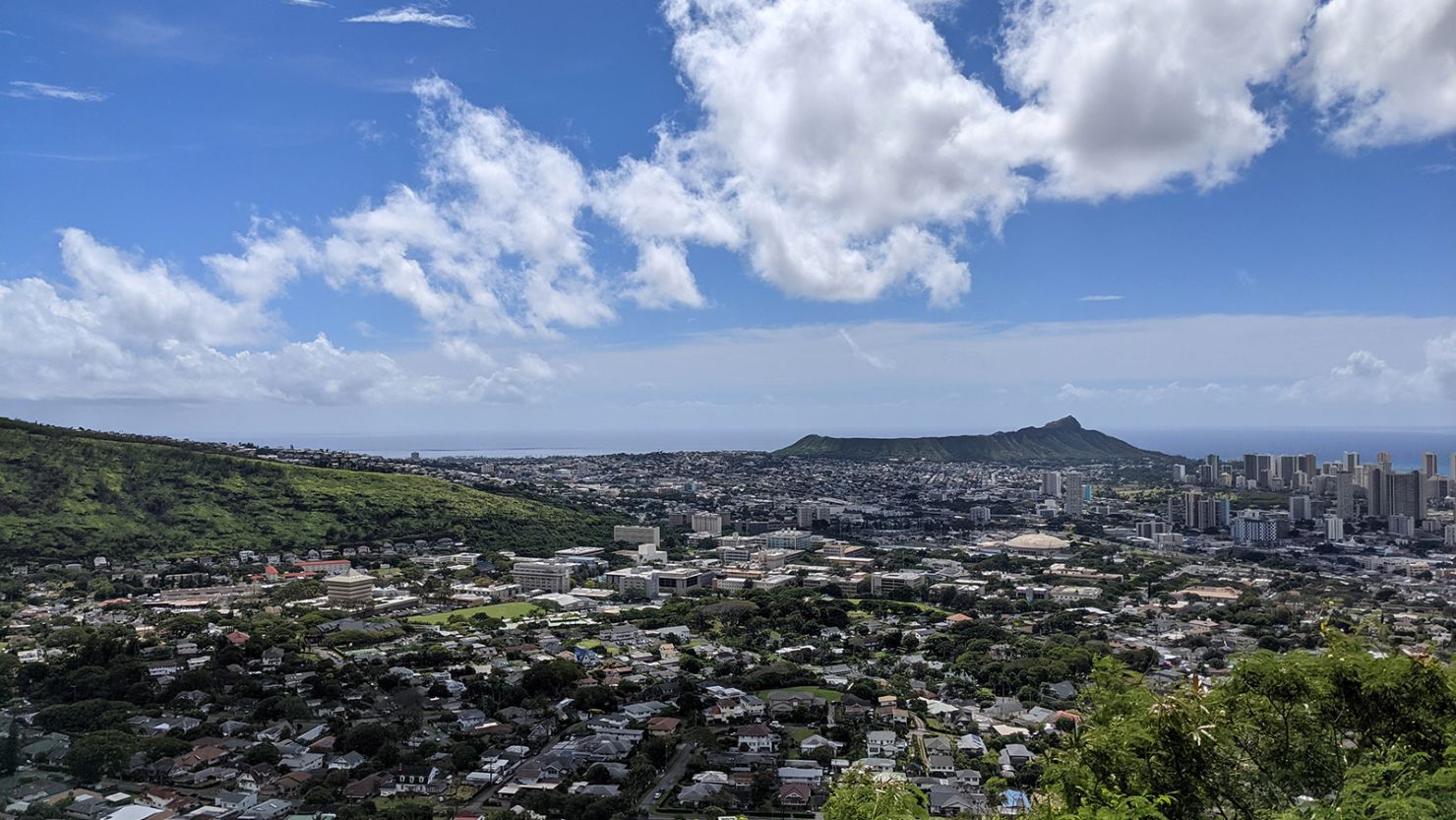 A view of Diamondhead on the Oahu, Hawaii, coastline. Downtown Honolulu is to the right of Diamondhead.
