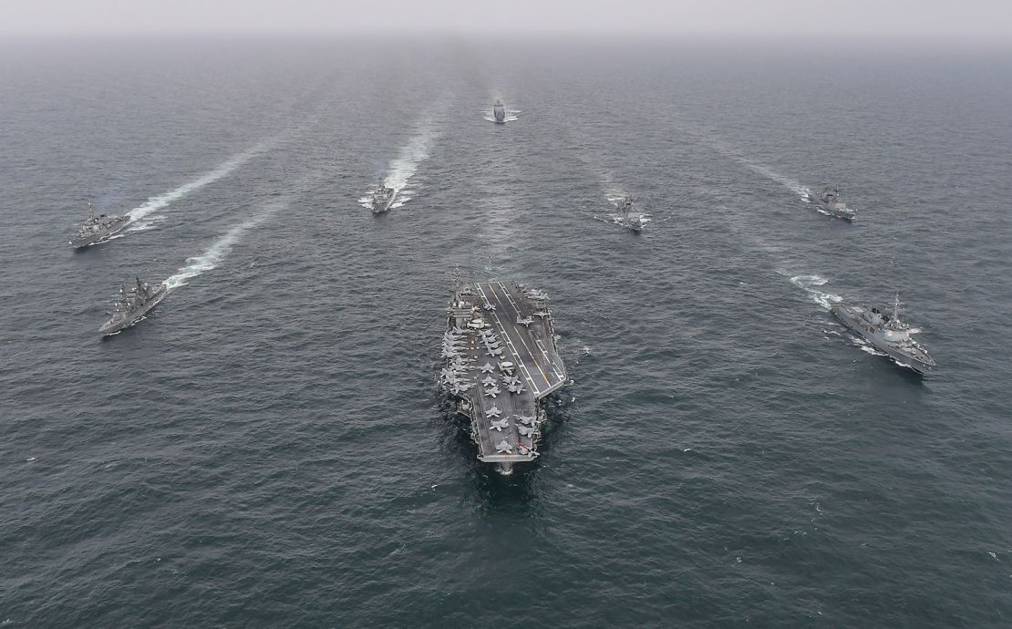 South Korean, American and Japanese naval vessels sail in formation during a joint exercise in international waters off South Korea's southern island of Jeju last year.