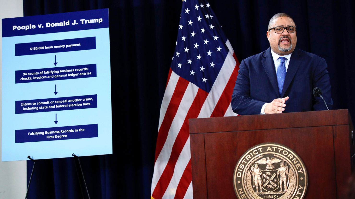 Manhattan District Attorney Alvin Bragg speaks during a press conference following the arraignment of former US President Donald Trump, April 4, 2023 in New York City.