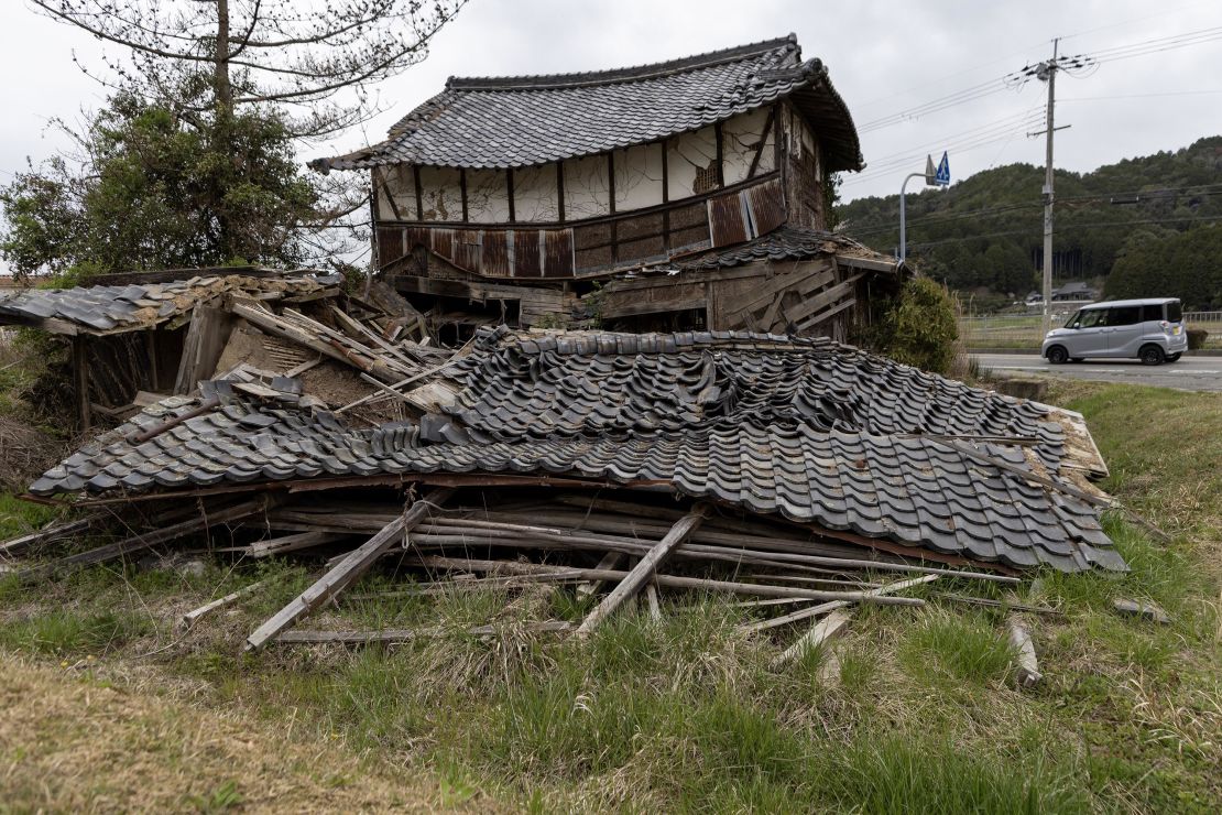 A partly collapsed abandoned wooden house in Tambasasayama, Japan on April 05, 2023