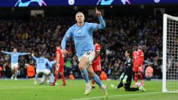 MANCHESTER, ENGLAND - APRIL 11: Erling Haaland of Manchester City celebrates after scoring the team's third goal during the UEFA Champions League quarterfinal first leg match between Manchester City and FC Bayern München at Etihad Stadium on April 11, 2023 in Manchester, England. (Photo by Catherine Ivill/Getty Images)