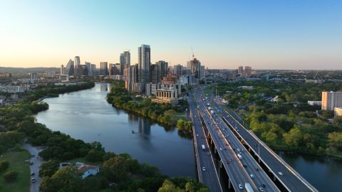 In an aerial view, the downtown skyline is seen on April 11, 2023 in Austin, Texas.