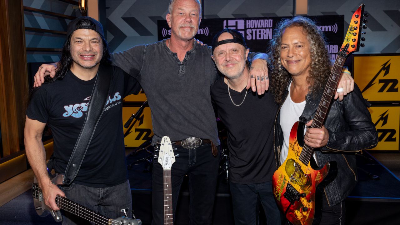 LOS ANGELES, CALIFORNIA - APRIL 12: 
(L-R) Robert Trujillo, James Hetfield, Lars Ulrich, and Kirk Hammett of Metallica visit SiriusXM's 'The Howard Stern Show' at SiriusXM Studios on April 12, 2023 in Los Angeles, California. (Photo by Emma McIntyre/Getty Images for SiriusXM)