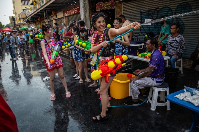 <strong>Battle royale: </strong>Festival goers take part in a massive water gun fight during Songkran on Khaosan Road on April 13, 2023 in Bangkok.