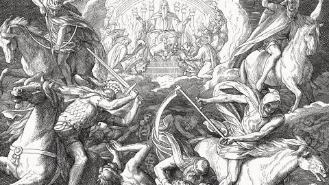 The opening of the first six of seven seals (Revelation 6). Wood engraving by Julius Schnorr von Carolsfeld (German painter, 1794 - 1872), published in 1860.