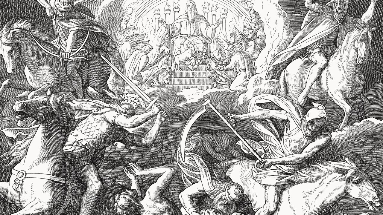 The opening of the first six of seven seals (Revelation 6). Wood engraving by Julius Schnorr von Carolsfeld (German painter, 1794 - 1872), published in 1860.