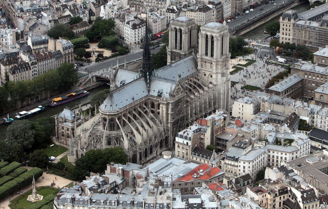 An aerial picture from 2012 shows the Notre Dame Cathedral on the Île de la Cité, an island in the Seine River.