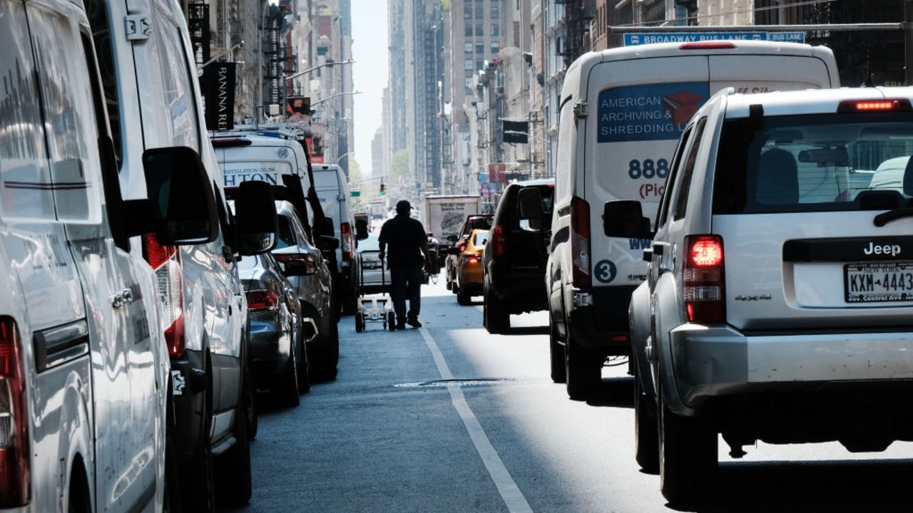 NEW YORK, NEW YORK - APRIL 21:  Traffic moves through downtown Manhattan on April 21, 2023 in New York City. Local politicians and transit advocates are demanding the immediate implementation of New York’s Central Business District (CBD) Tolling Program, also known as “congestion pricing." The program, which has been signed into law, will charge travelers a variable fee for driving into Manhattan’s Central Business District, defined as any area south of 61st Street. Supporters claim the program will lead to safer streets, less traffic and less pollution in the air. (Photo by Spencer Platt/Getty Images)